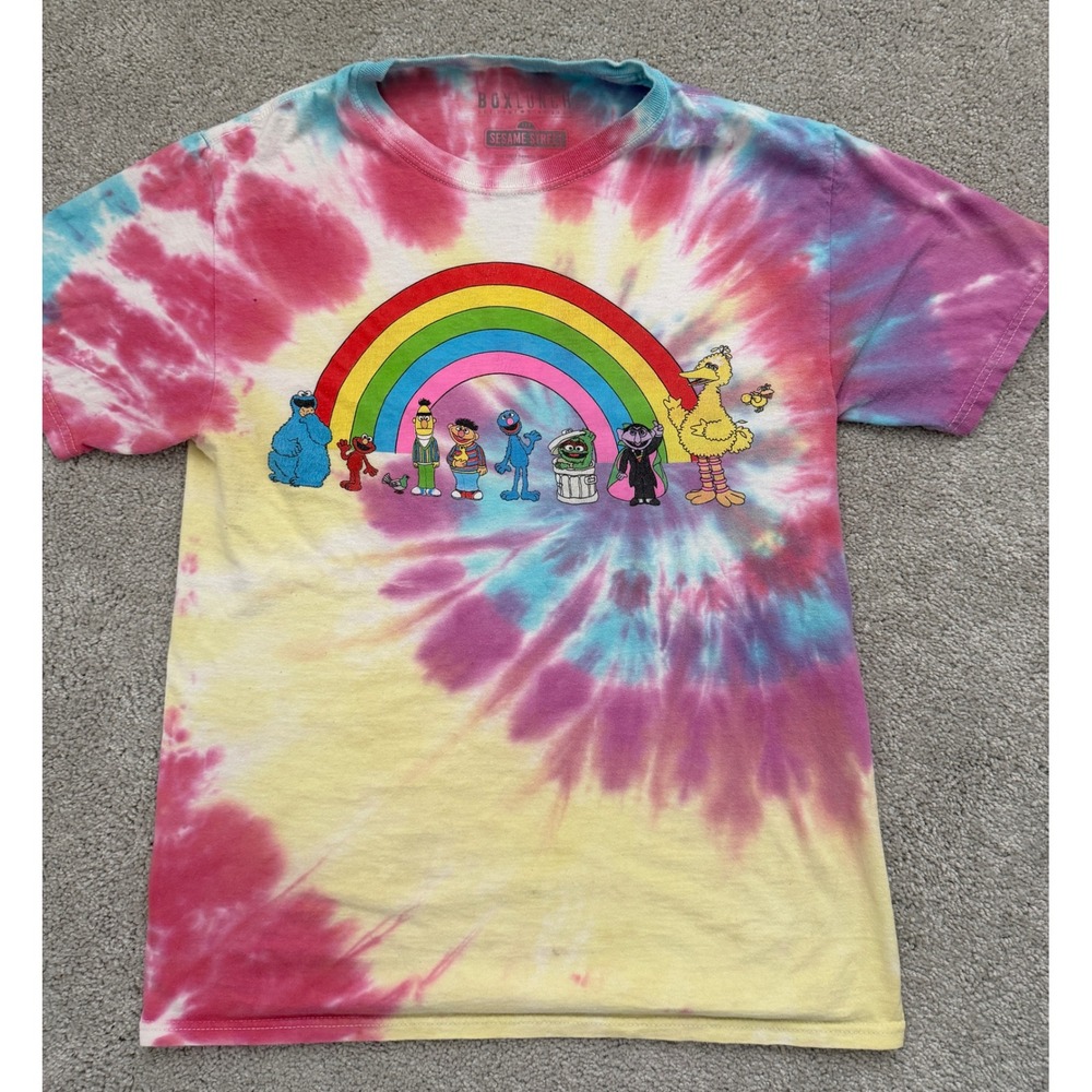 BoxLunch Sesame Street Rainbow Tie Dye Graphic T-Shirt XS Pink Yellow Blue